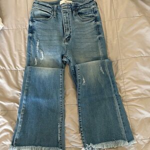 KanCan Distressed Blue Wide-Leg Jeans with Frayed Hem